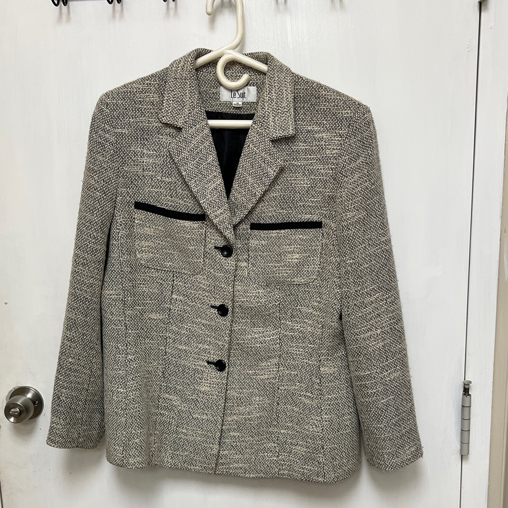 Le Suit Women's Tweed Blazer with Black Trim